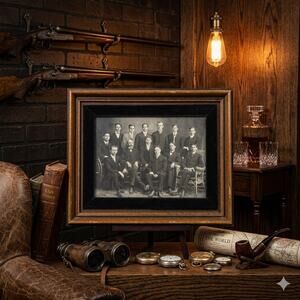 Antique Victorian Group Portrait Men Studio Photography Framed Dark Academia